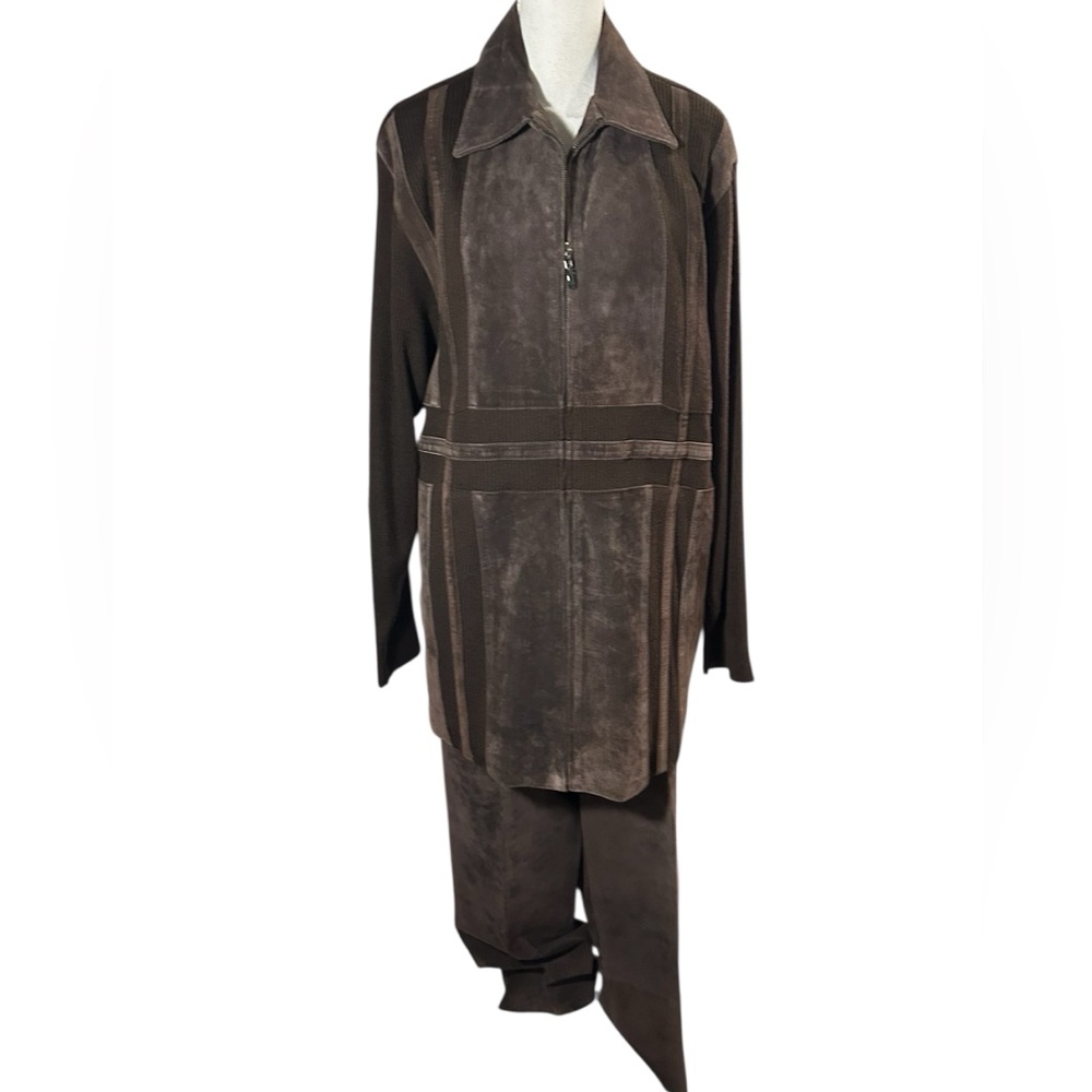 Vintage Lorenzino Suede Leather and Wool Mixed Media Zip Sweater & Pants Set